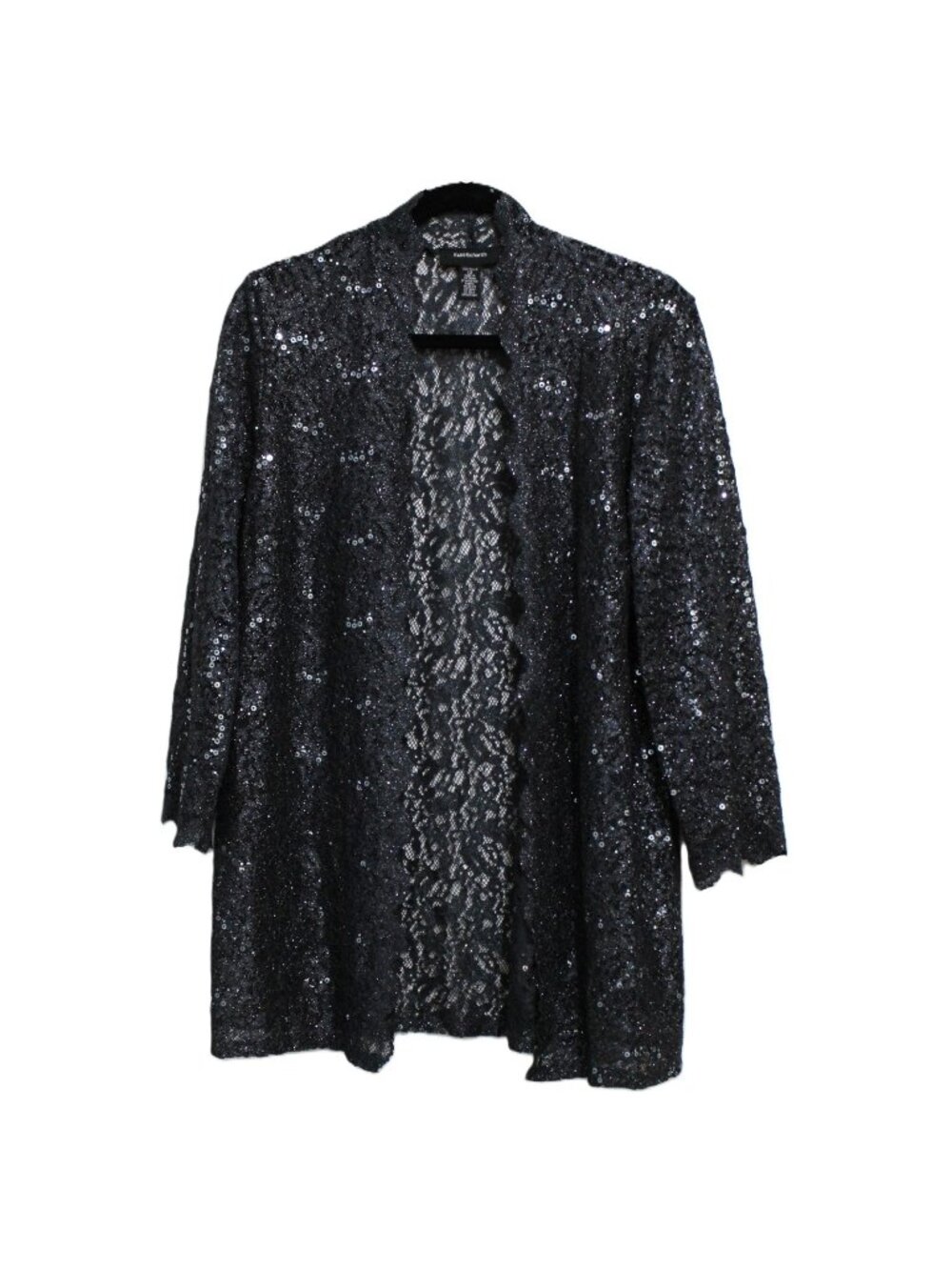 R & M Richards Sequined Lace Jacket Scalloped Edge Long Sleeve Coal Size 12 NWT